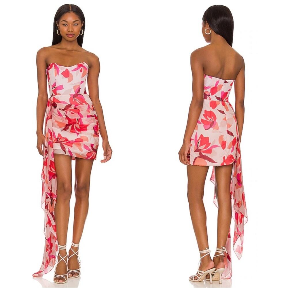 Katie May Chasing Dawn Ruched Bustier Draped Mini Dress in Pink Floral Sz XS